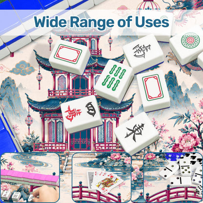 Playful Pandas And Dragon Chinoiserie Pagoda Mahjong Mat Blue And Mauve - Splash Of Mahj And Color Co.