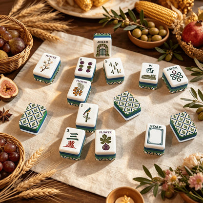 Mediterranean Olive Green Tuscan Botanical American Mahjong Tiles And Carry Case - Splash Of Mahj And Color Co.