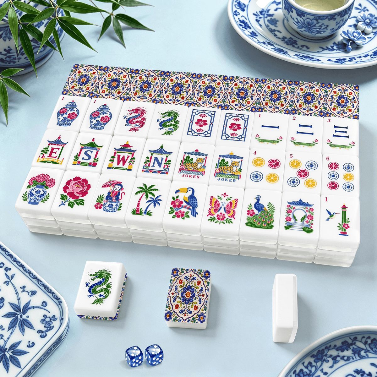 Blue Pottery Porcelain Engraved Chinoiserie Mahjong Tiles And Carry Case