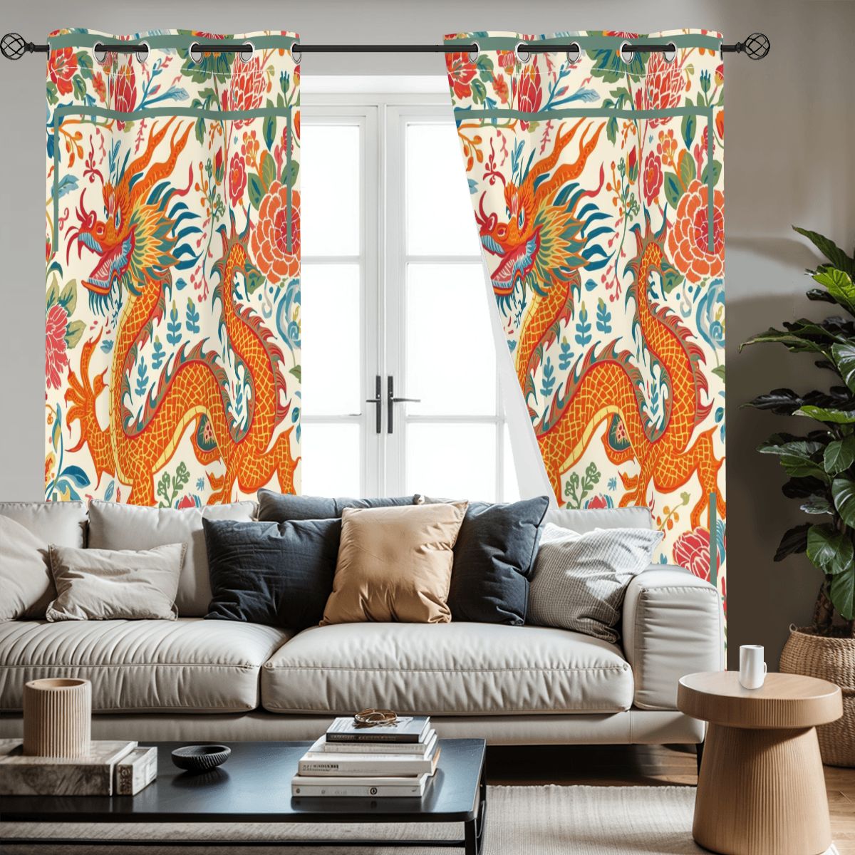 Asian Dragon, Orange Teal Chinoiserie Blackout Curtain Panels - Splash of Color Co.