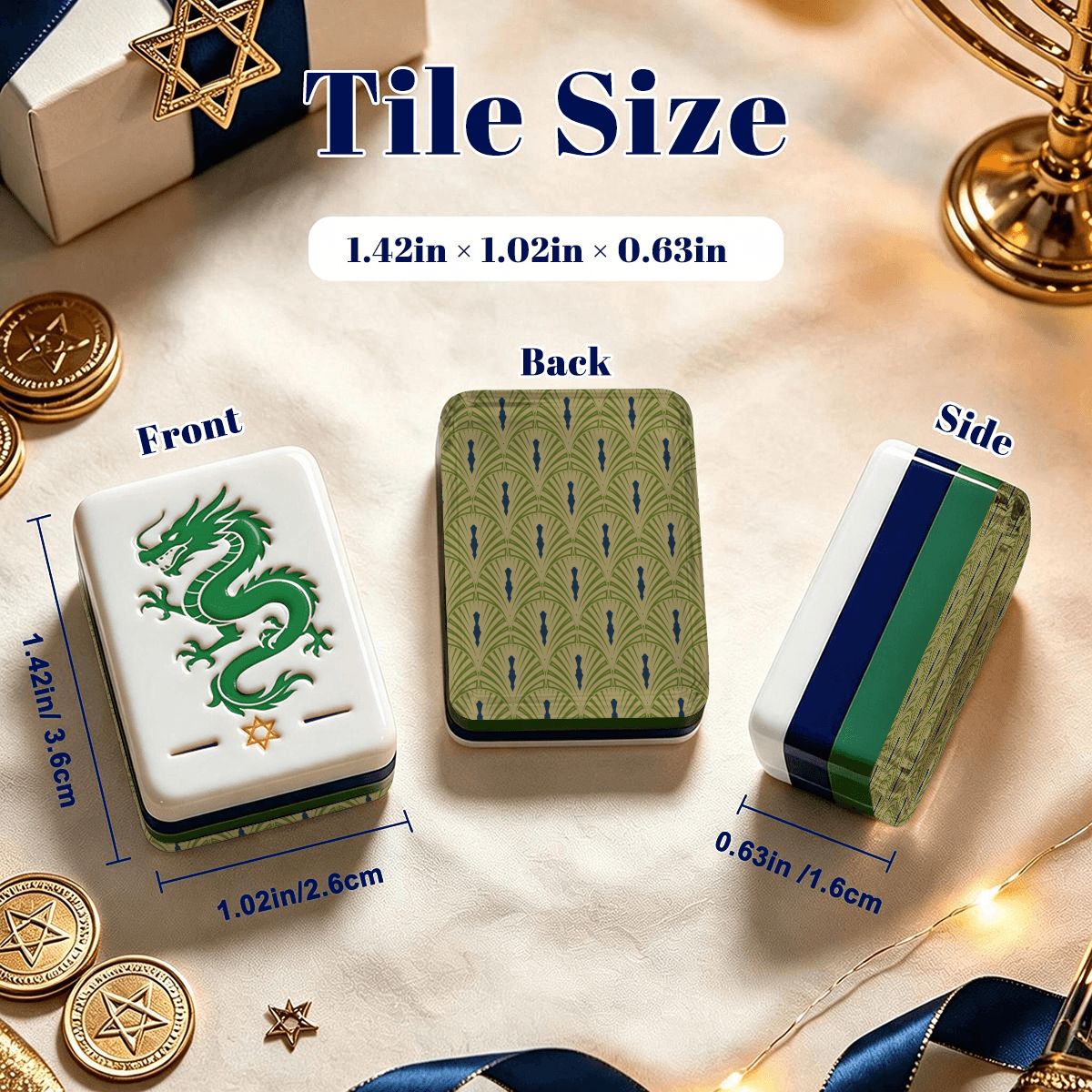 Art Deco Green Hanukkah Mahjong Tiles And Carry Case - Splash Of Mahj And Color Co.