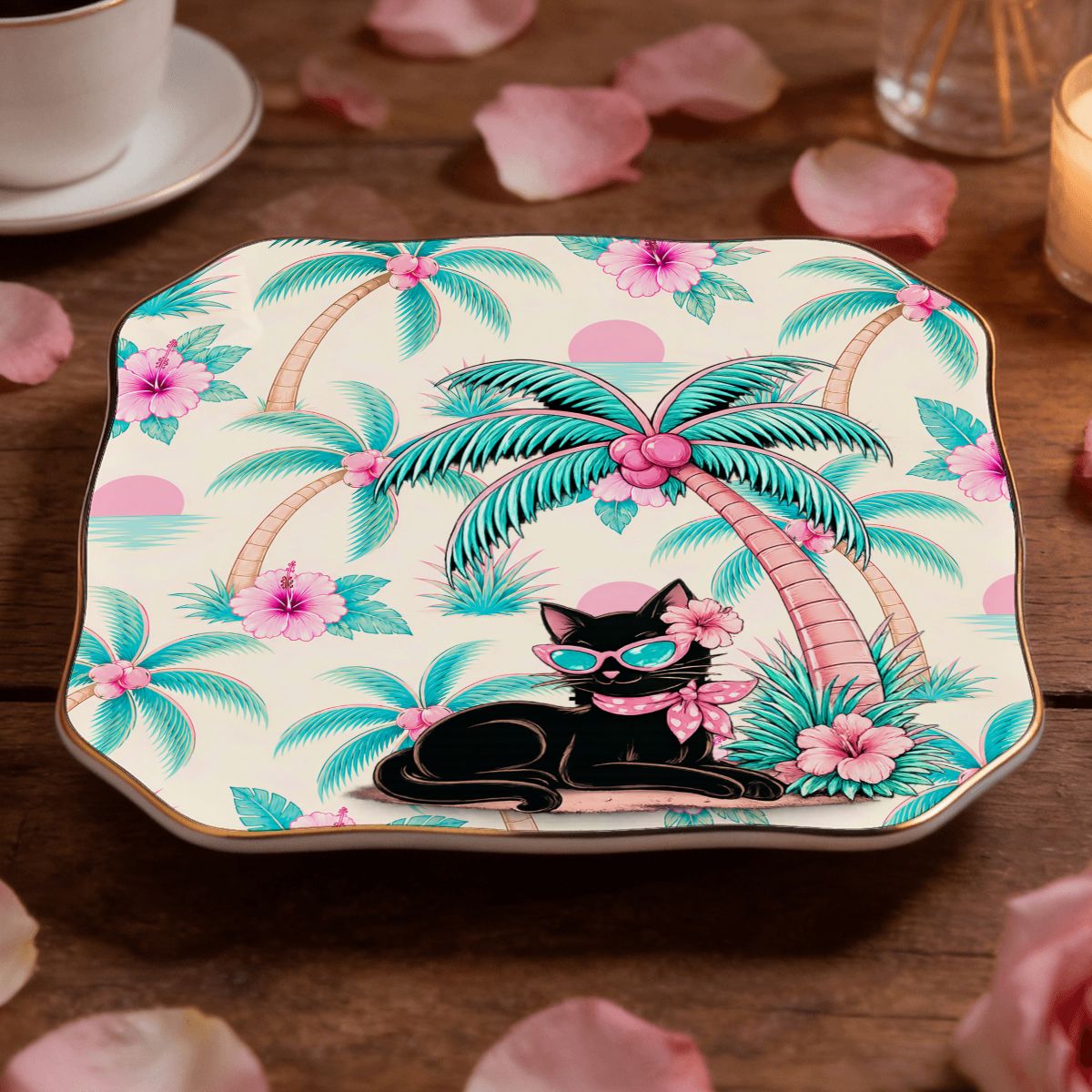 Meow Tropical Paradice Floral Scalloped Ceramic Mahjong Dice Tray