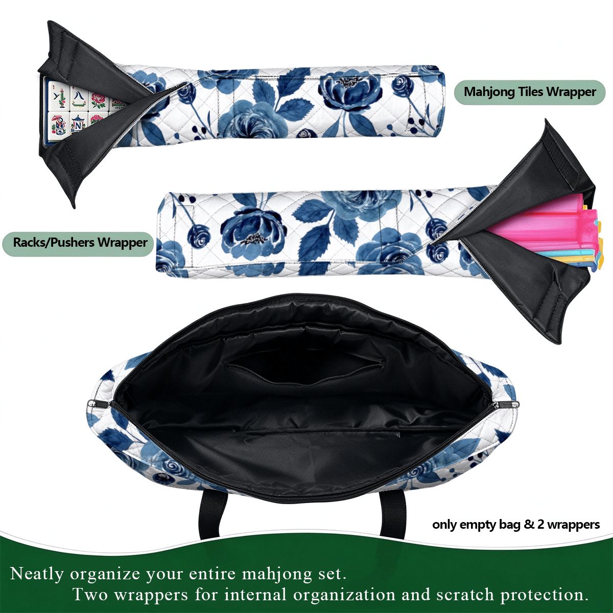 Bam Bird Floral Chinoiserie Quilted Mahjong Bag Set 3 Pcs - Splash Of Mahj And Color Co.