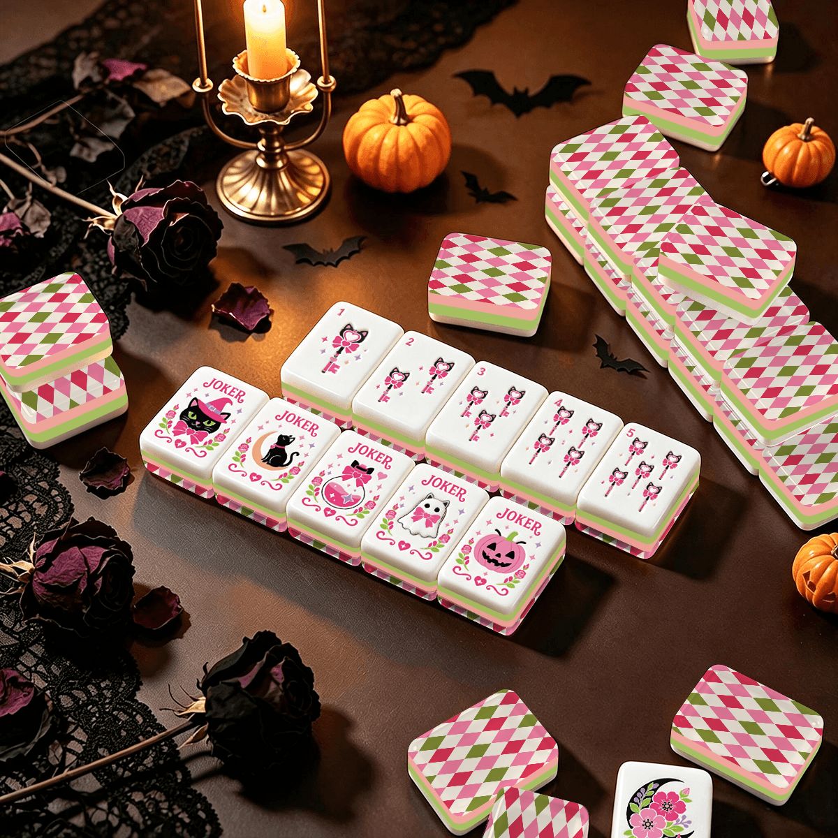 Harlequin Halloween Hot Pink, Green Witch's Familiar Engraved Layered Halloween Mahjong Tiles
