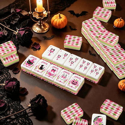 Harlequin Halloween Hot Pink, Green Witch's Familiar Engraved Layered Halloween Mahjong Tiles