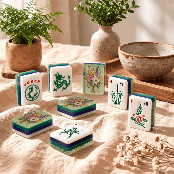 Pressed Wildflower 4 Layer American Mahjong Tiles Blue Green (166 Tiles, NMJL Style) - Splash Of Mahj And Color Co.