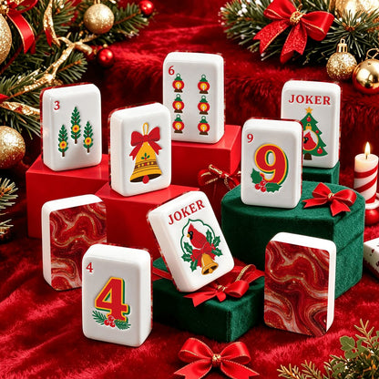 Red Marbled Christmas Cardinal American Engraved Mahjong Tiles And Carry Case