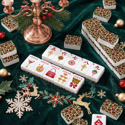 Leopard Luxe Holiday Christmas Mahjong Tiles And Carry Case - Splash Of Mahj And Color Co.