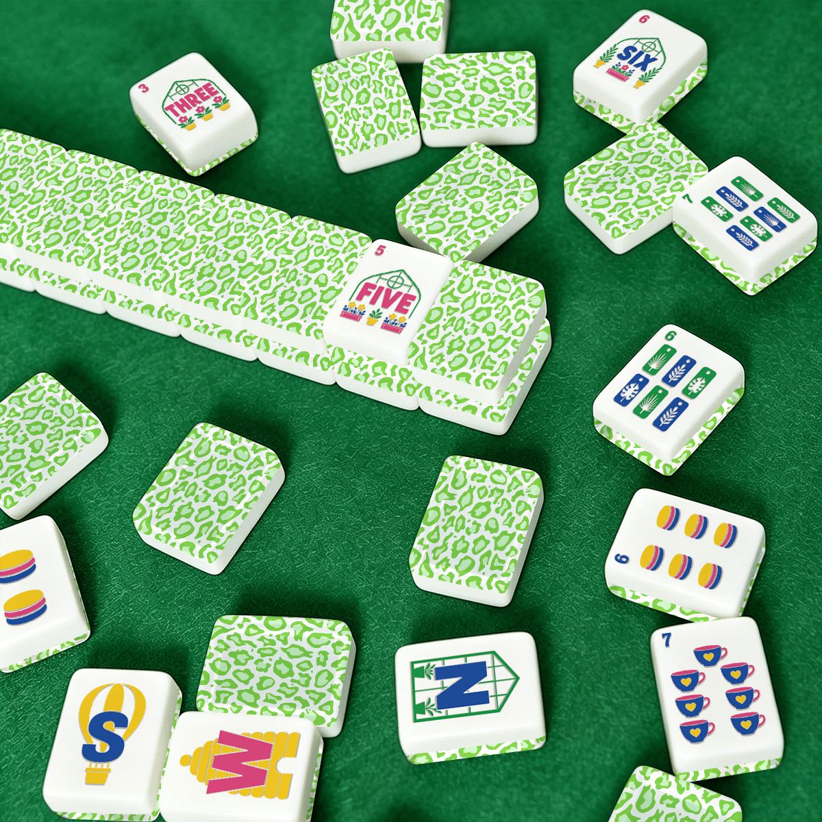 Lime Green Cheetah Garden American Mahjong Tiles (Floral Garden Style) With Carry Case