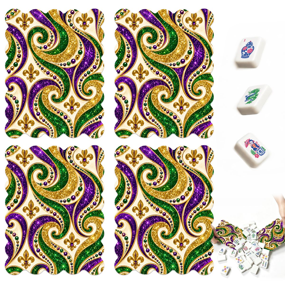 Mardi Gras Glitz Gold Fleur De Lis Scalloped Mahjong Shuffler Cards  Set of 4
