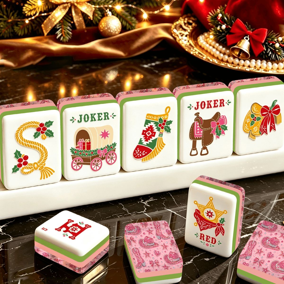 Pink Rhinestones And Bling Country Western Christmas Mahjong Tiles And Carry Case