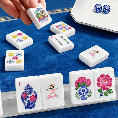 Mahjie Mascot Chinoiserie Mahjong Tiles Set (Traditional Porcelain Style) (Single Layer)