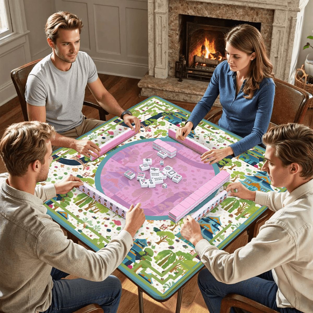 Mahjong Mat Chinoiserie Pagoda Asian Garden - Splash of Color Co.