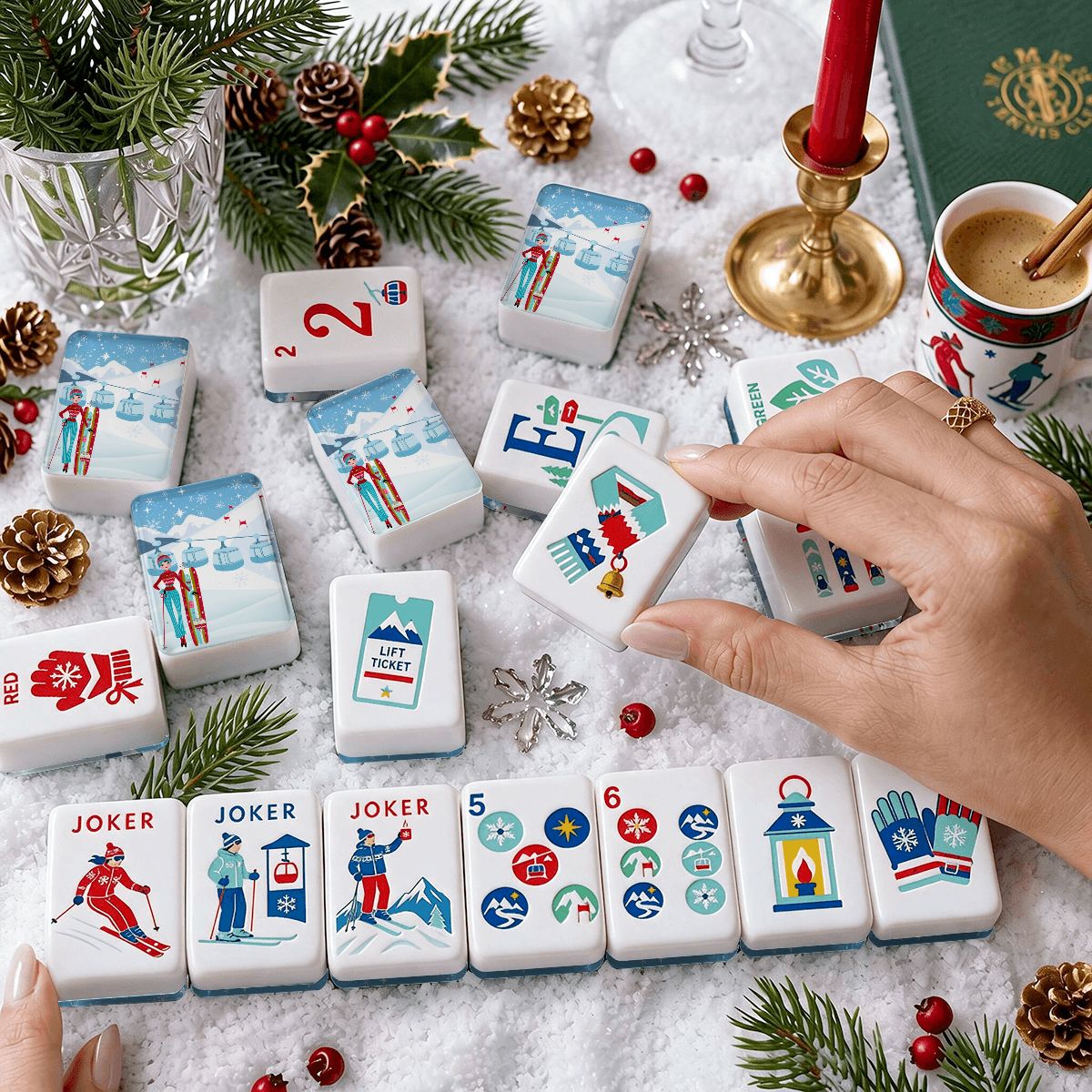 Cozy Winter Alpine Slopes ENGRAVED Christmas Mahjong Tiles And Carry Case - Splash Of Mahj And Color Co.