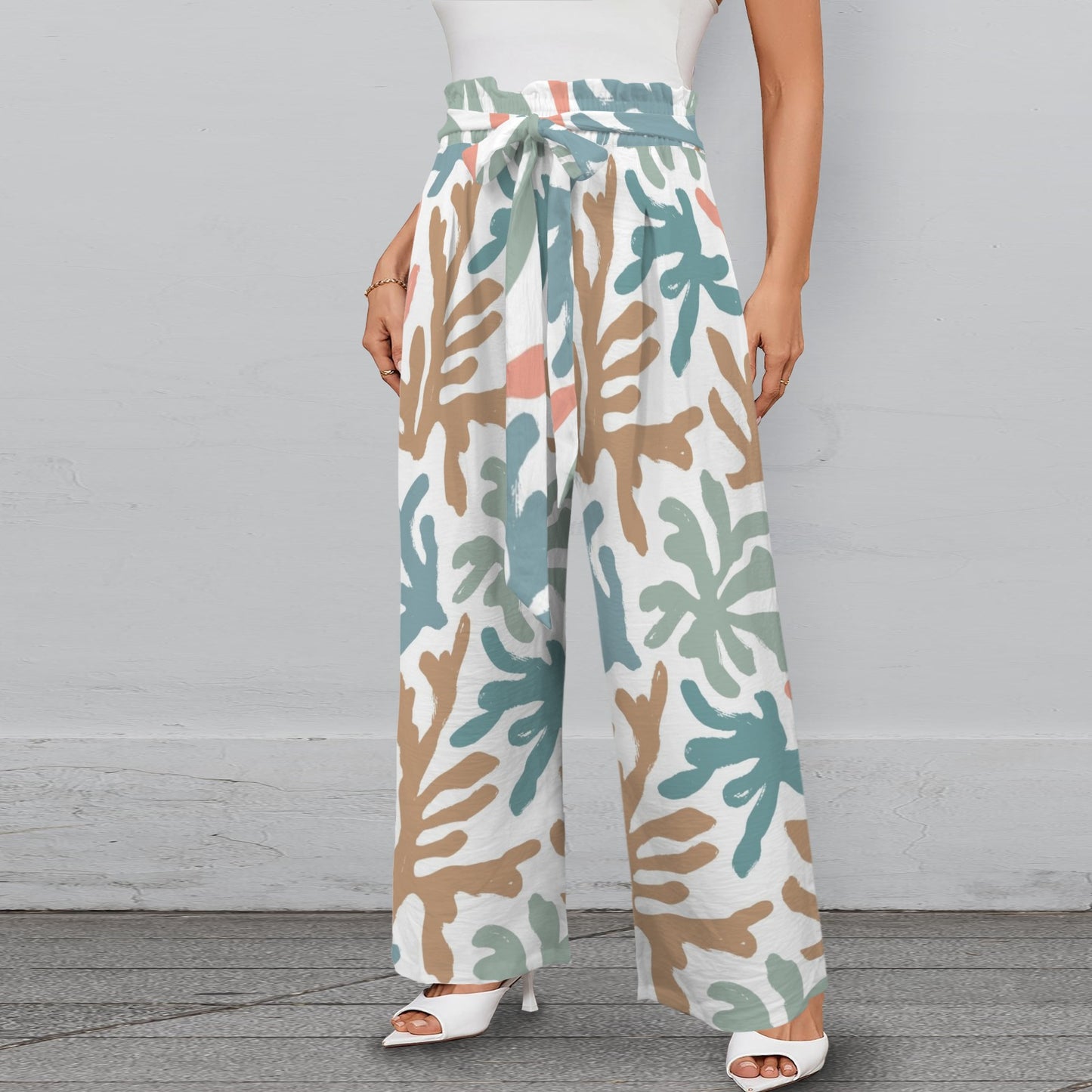 Summer Coral Reef Designed Preppy Wide Legged Pants With Belt - Splash of Color Co.