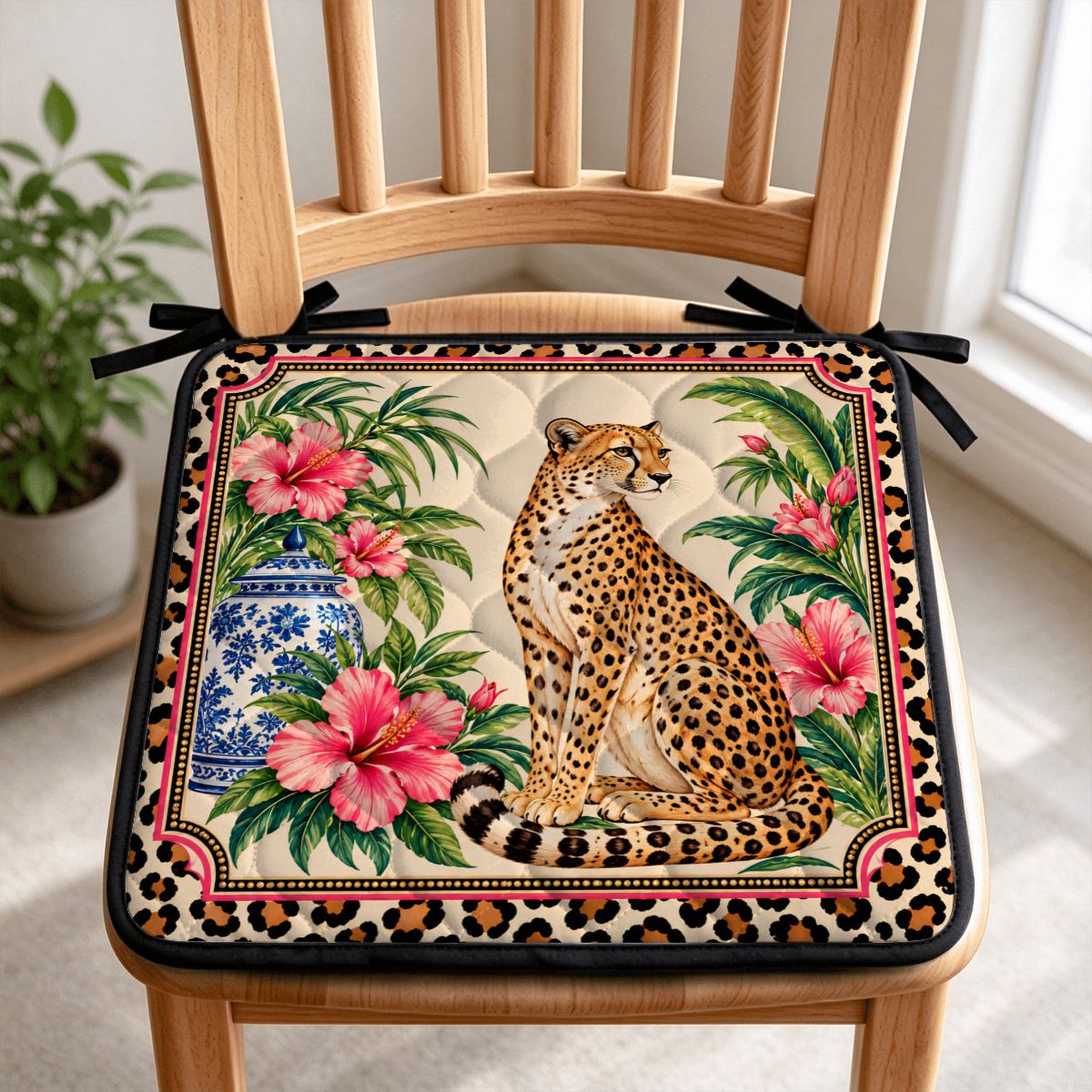 Leopard Chinoiserie Print Quilted Chair Cushion