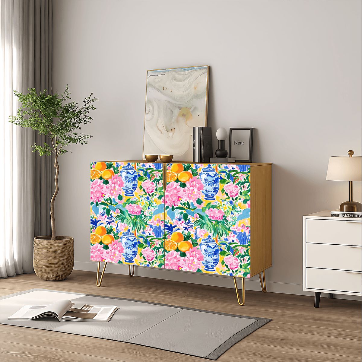 Chinoiserie Citrus Blossom, Ginger Jars Floral Modern Wooden Storage Cabinet - Splash of Color Co.