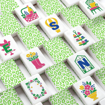 Lime Green Cheetah Garden American Mahjong Tiles (Floral Garden Style) With Carry Case