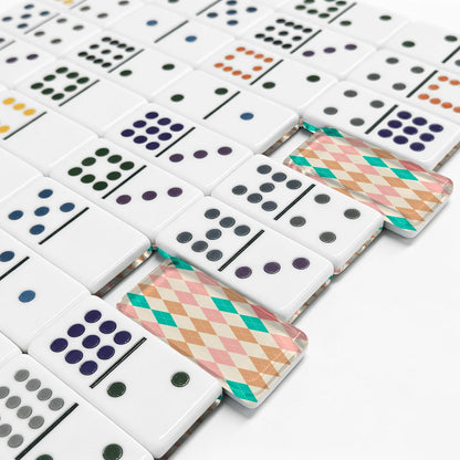 Whimsical Harlequin Design Double 12 Mexican Train Dominoes Set - Splash Of Mahj And Color Co.