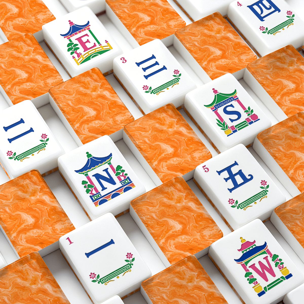 Orange Marbled Chinoiserie American Mahjong Tiles And Carry Case - Splash Of Mahj And Color Co.