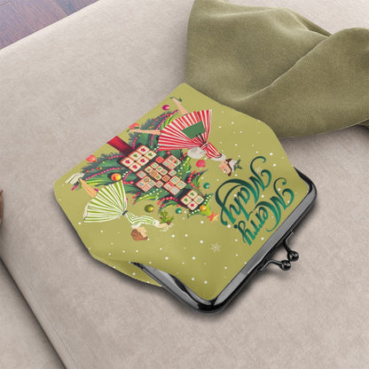 Merry Mahj Mahjong Green Christmas Nostalgia Women's Leather Kiss Lock Coin Purse