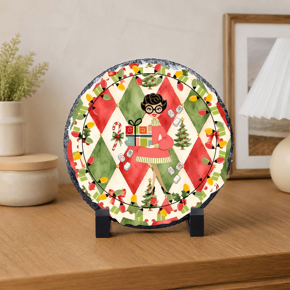 Mod Mahjong Merriment Round Photo Rock Slate Frame