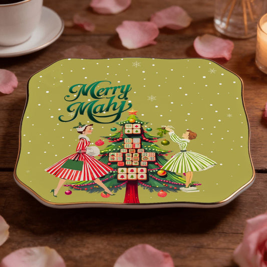 Merry Mahj Christmas Scalloped Ceramic Mahjong Dice Tray - Splash Of Mahj And Color Co.