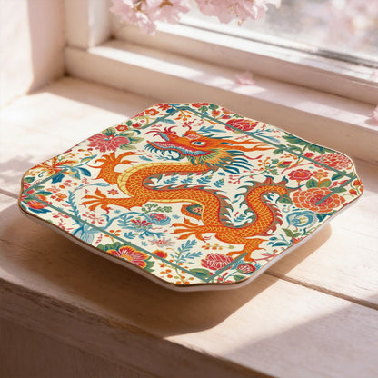 Mahjong Whimsical Dragon Scalloped Ceramic Mahjong Dice Tray