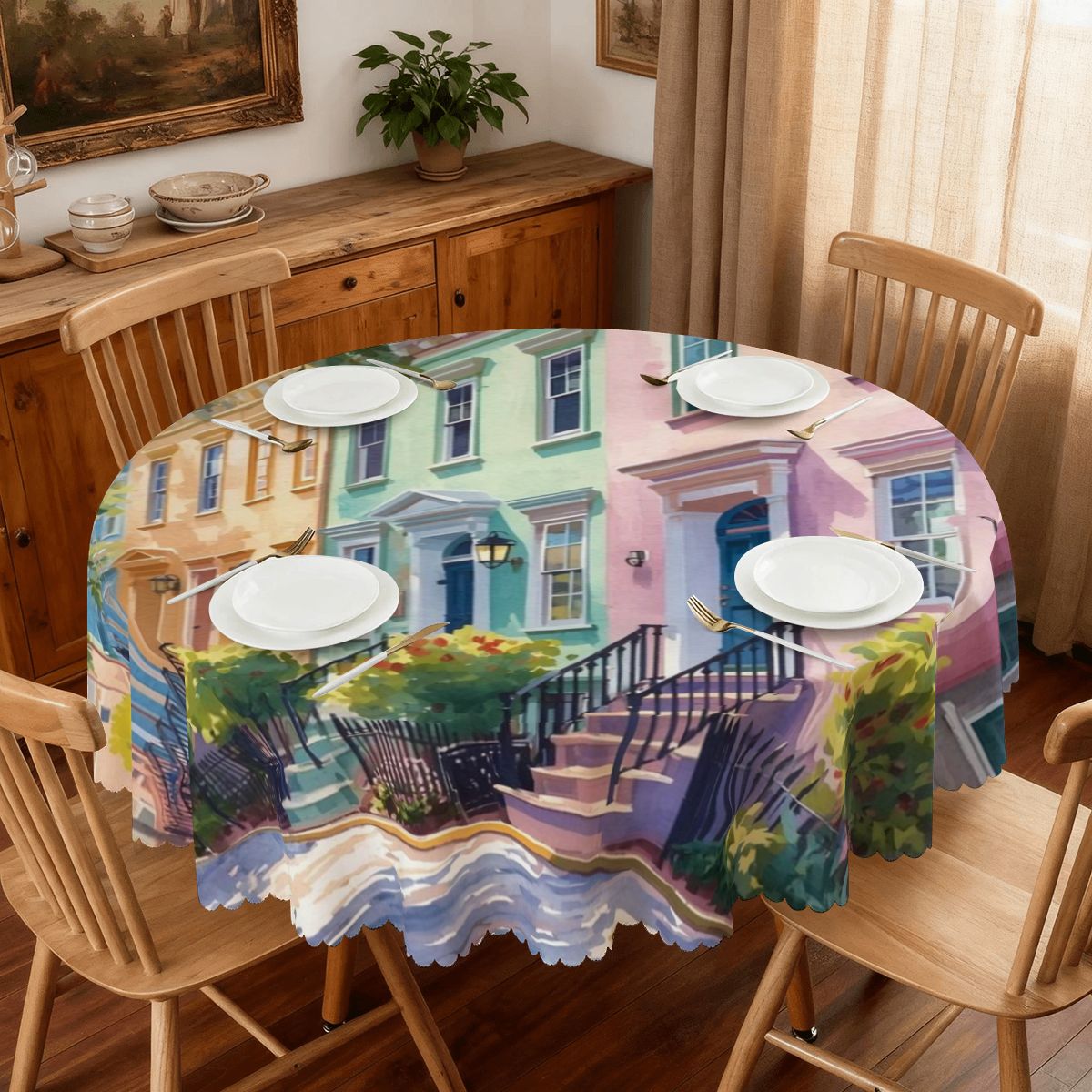 Charleston South Carolina Rainbow Row Watercolor Round Tablecloth with Wavy Edge - Splash of Color Co.