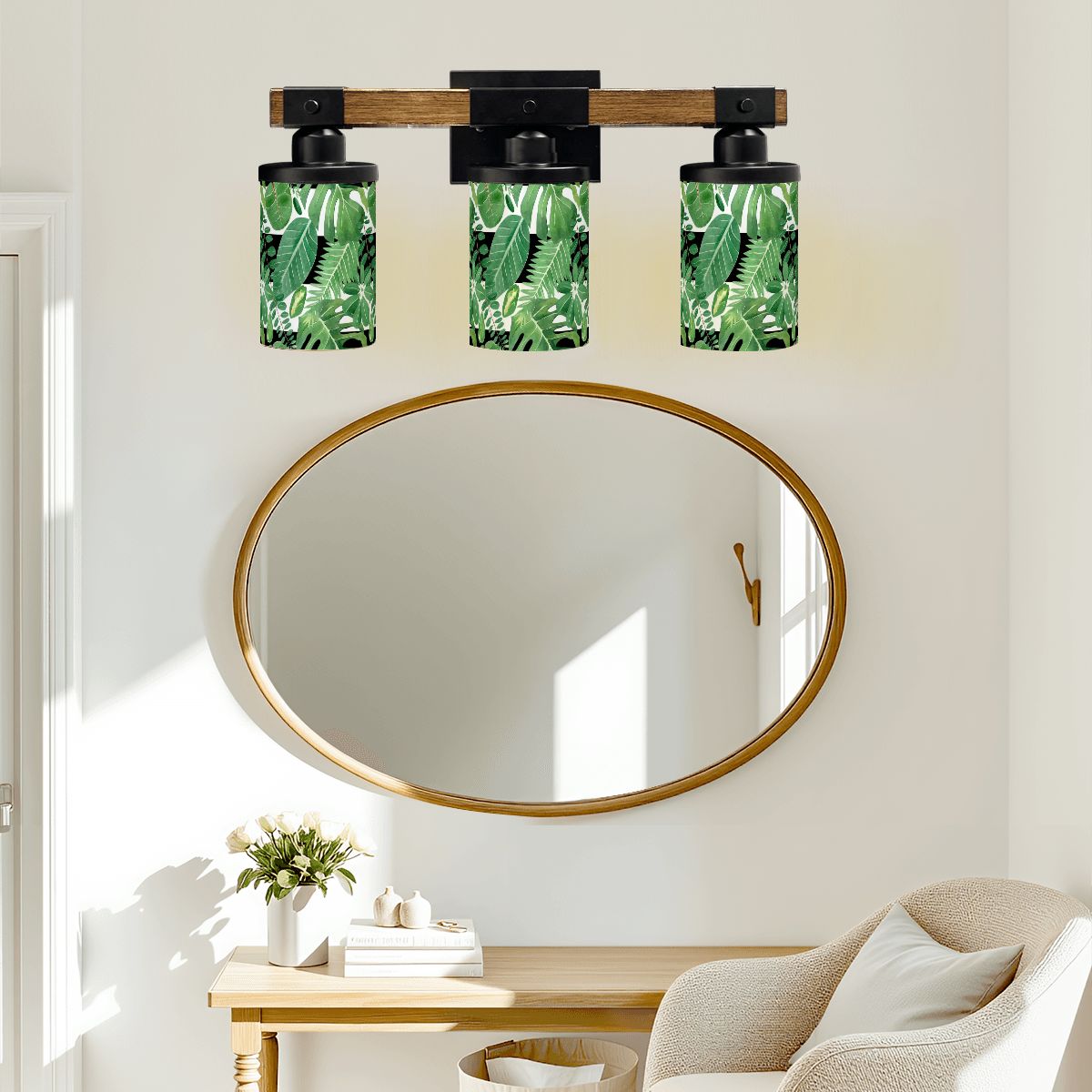 Green Monstera Plant Black Accent Asian Garden Zen Vanity Light Fixture