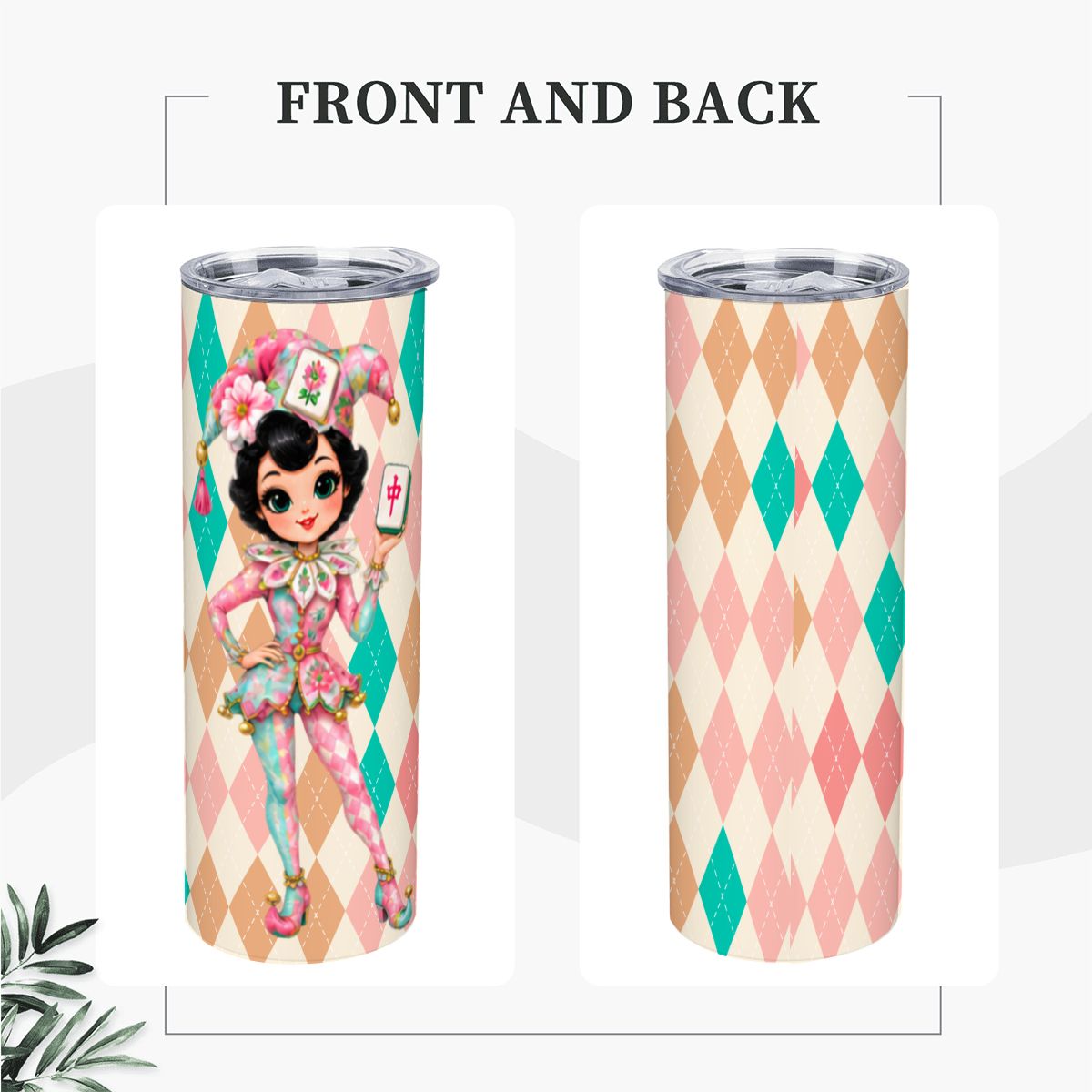 Mahjie The Mascot Whimsical Harlequin Mahjong Lover 20oz Straight Stainless Steel Tumbler with Straw - Splash Of Mahj And Color Co.