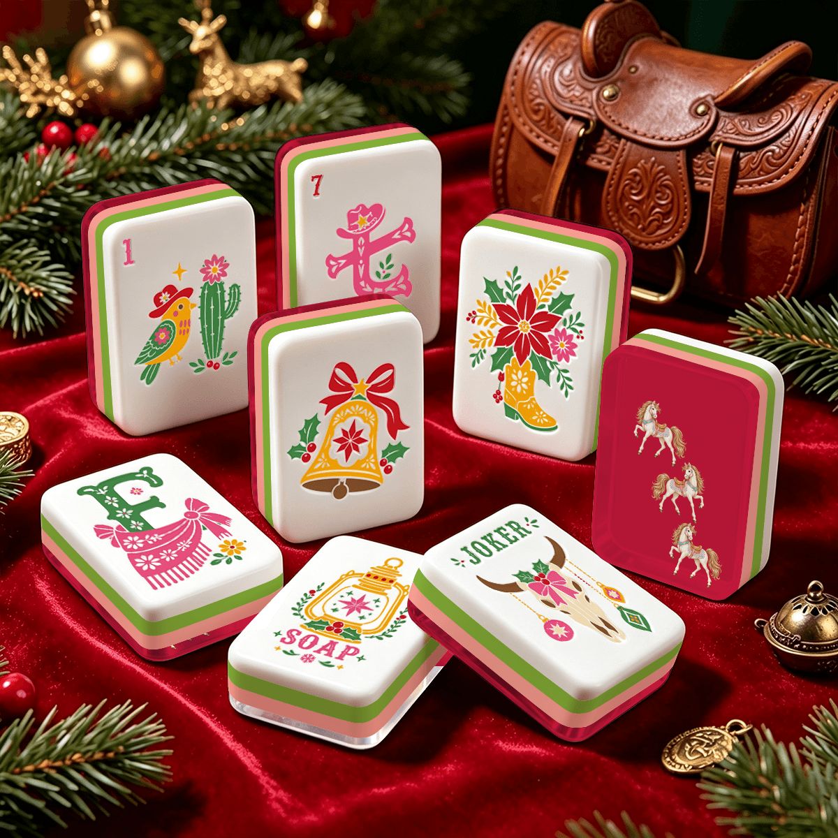 Merry Mahj Western Christmas Mahjong Tiles And Carry Case
