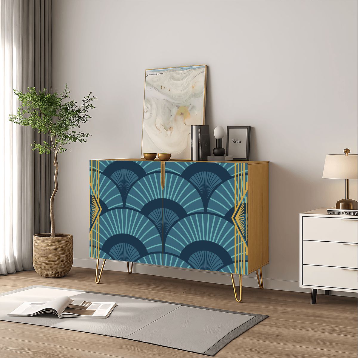 Art Deco Gold Gilded Royal Blue Modern Wooden Storage Cabinet - Splash of Color Co.