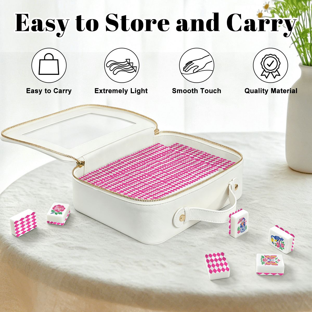 Hot Pink Harlequin Romance Chinoiserie Pastel Mahjong Tiles With Carry Case - Splash Of Mahj And Color Co.
