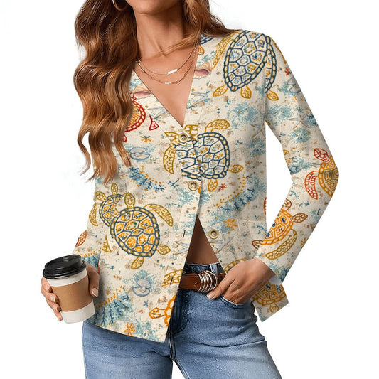 Off the Amalfi Coast Turtle Women's V Neck Lightweight Cardigan - Splash of Color Co.