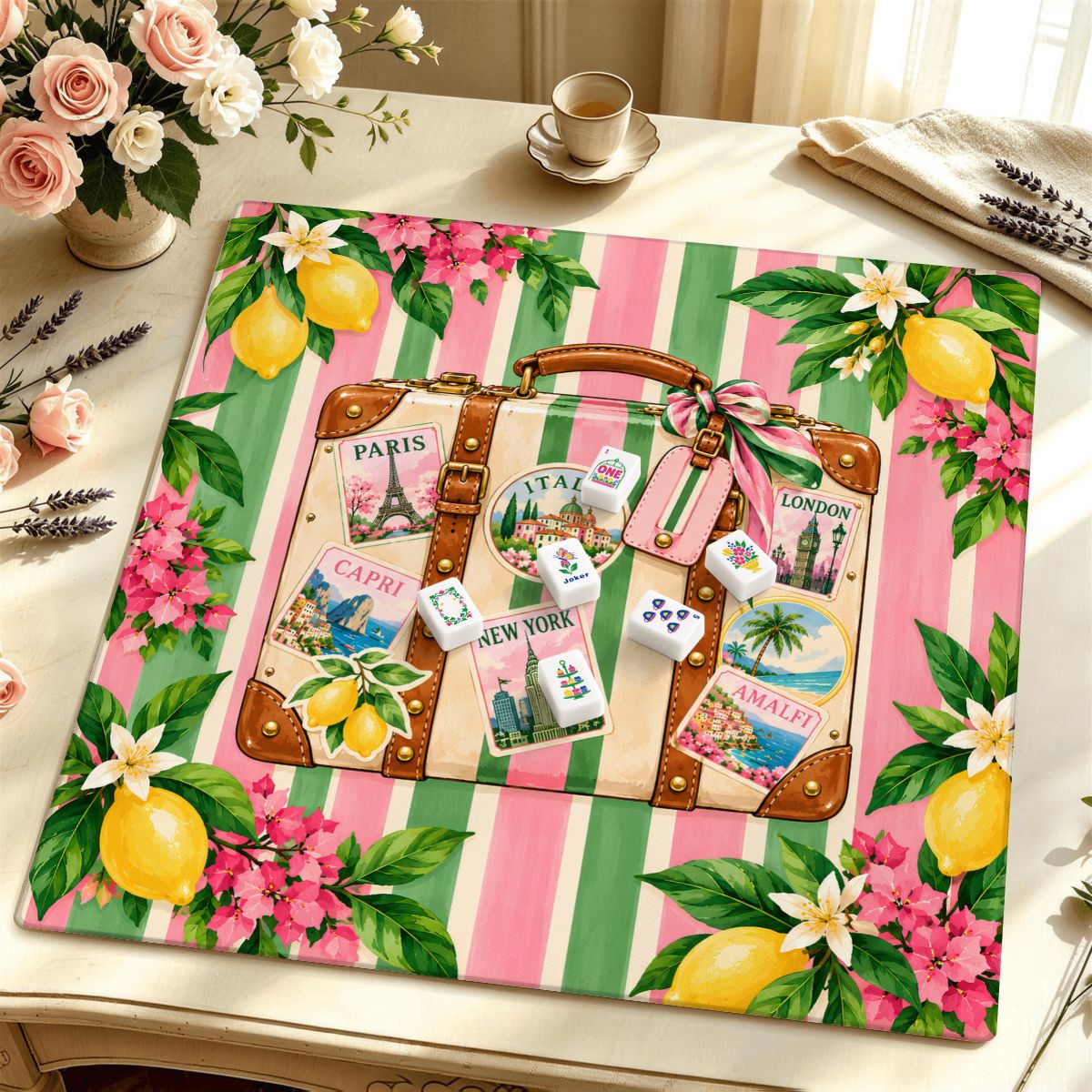 Preppy Green And Pink World Traveler Mahjong Mat Sleek Surface - Splash Of Mahj And Color Co.