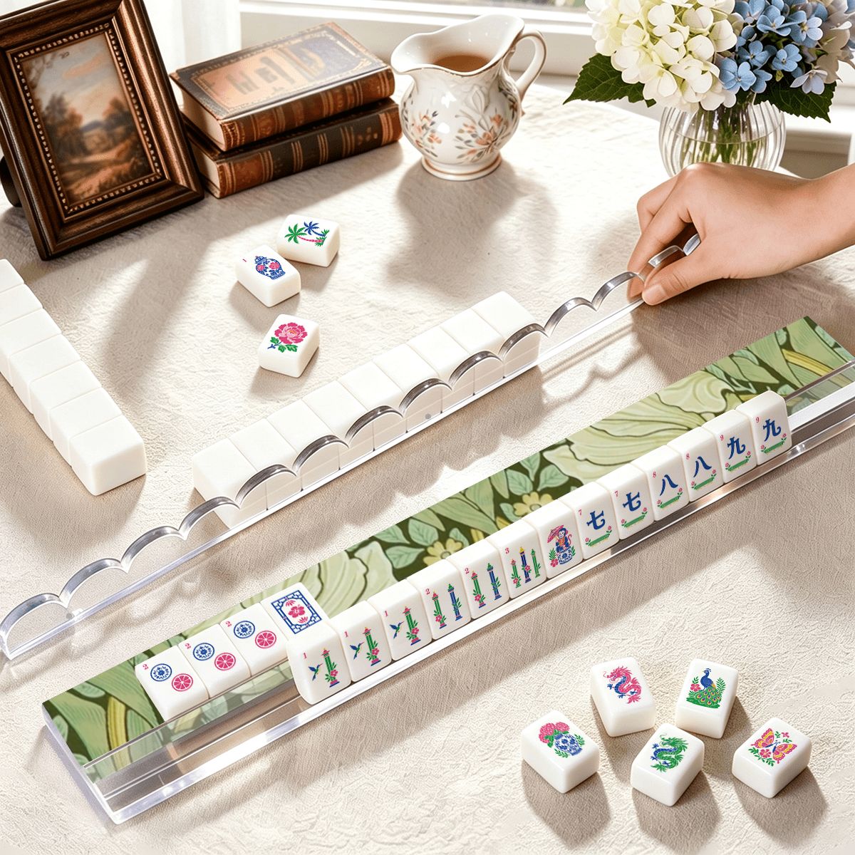 William Morris Inspired Green Vine Extended Mahjong Rack Set of 4  Scalloped Magnetic Tile Pusher