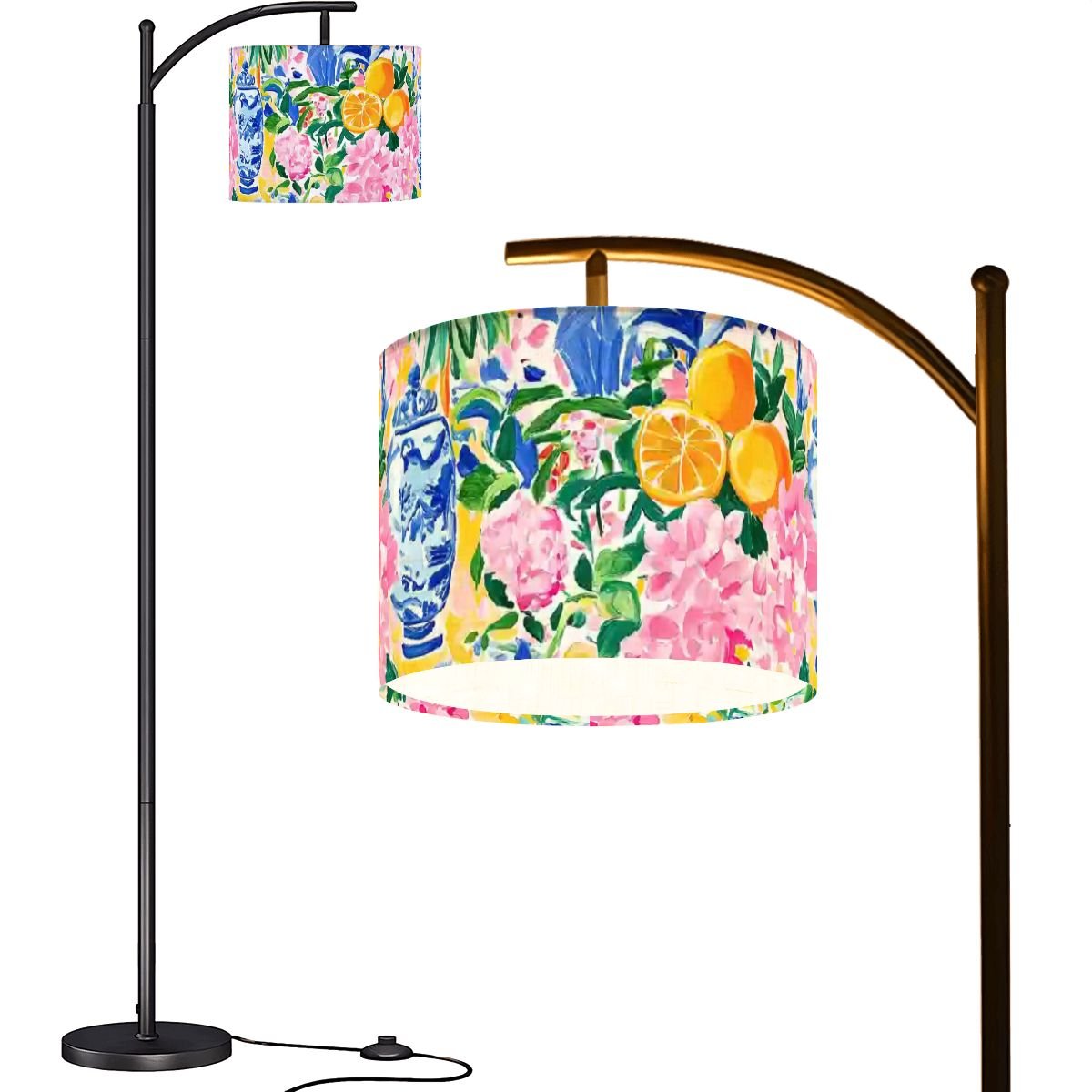 Vibrant Floral Asian Chinoiserie Modern Arc Floor Lamp - Splash of Color Co.