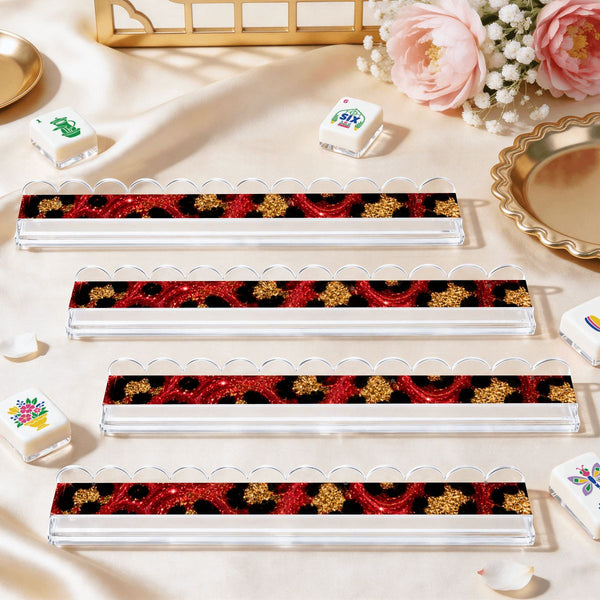 Leopard Luxe Red And Gold Glitter Extended Mahjong Rack Set of 4  Scalloped Magnetic Tile Pusher 20'