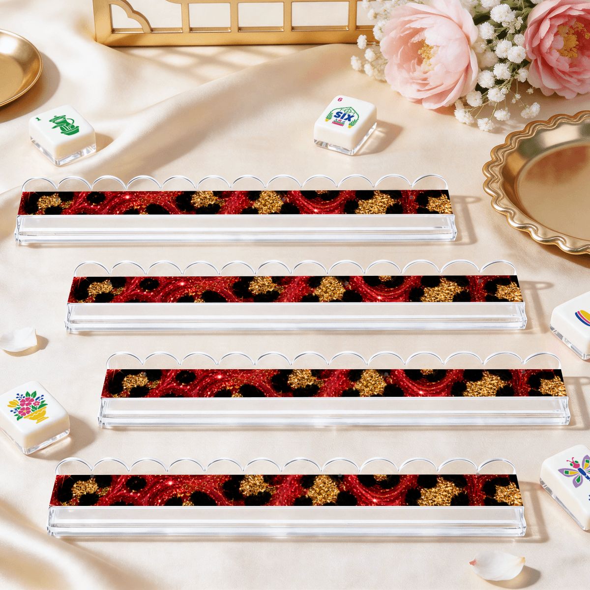 Leopard Luxe Red And Gold Glitter Extended Mahjong Rack Set of 4  Scalloped Magnetic Tile Pusher 20'