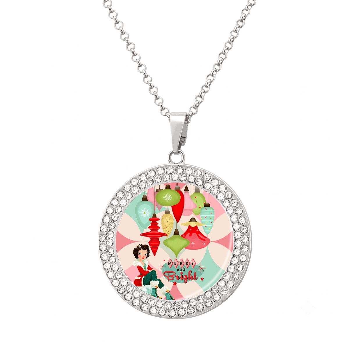 Merry And Bright Christmas Round Rhinestone Pendant Necklace