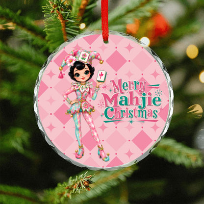 Merry Mahjie Christmas Pink Harlequin Round Glass Christmas Ornament