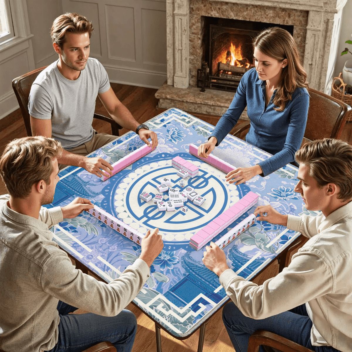 Asian Blue Chinoiserie Mahjong in the Moon Garden Mahjong Mat - Splash of Color Co.