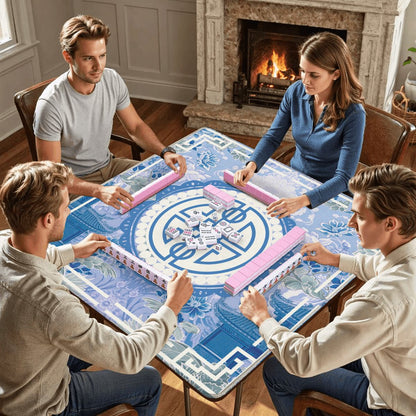 Asian Blue Chinoiserie Mahjong in the Moon Garden Mahjong Mat - Splash of Color Co.