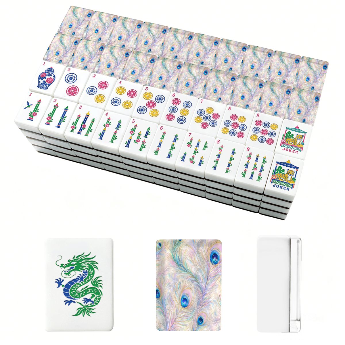 Iridescent Peacock Feathers Chinoiserie Engraved Mahjong Tiles With Carry Case