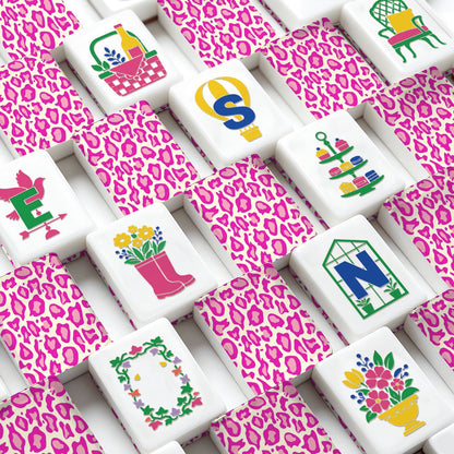 Hot Pink Cheetah Floral Garden American Mahjong Tiles With Carry Case