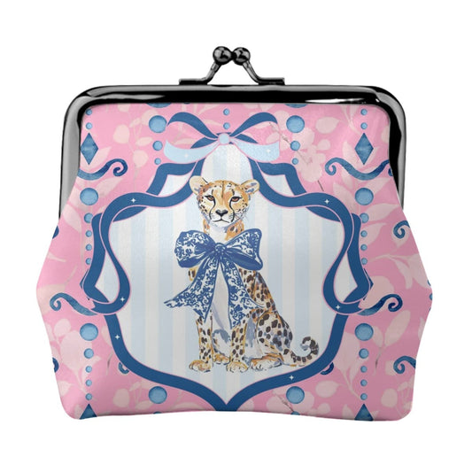 Charleston Cheetah Pink Preppy Women's Leather Kiss Lock Coin Purse - Splash of Color Co.