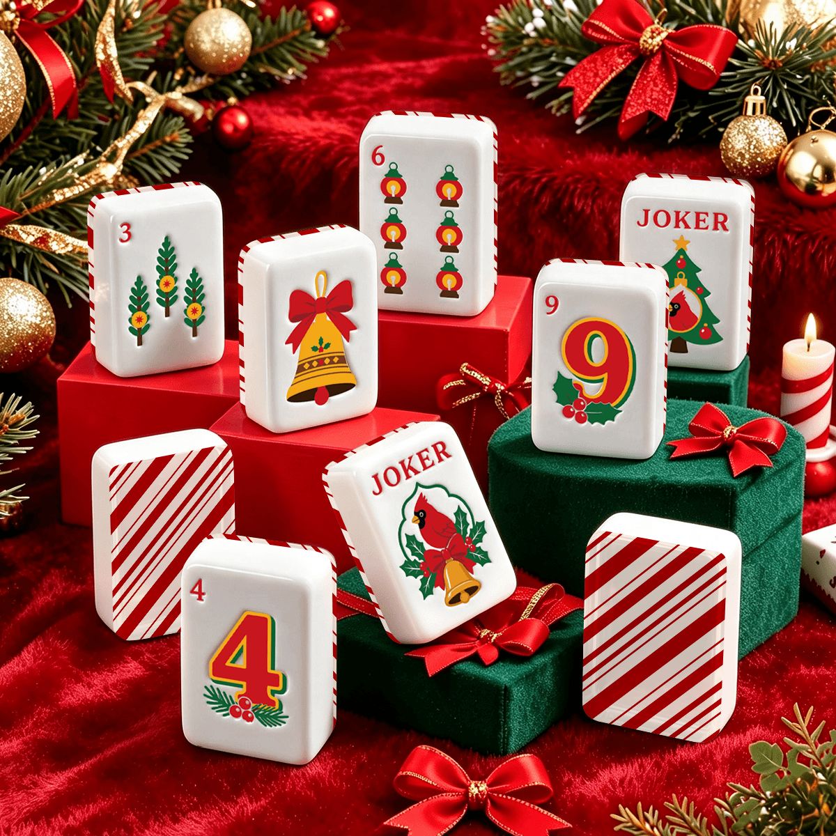 Candy Cane Nostalgic Christmas Cardinal American Mahjong Tiles And Carry Case