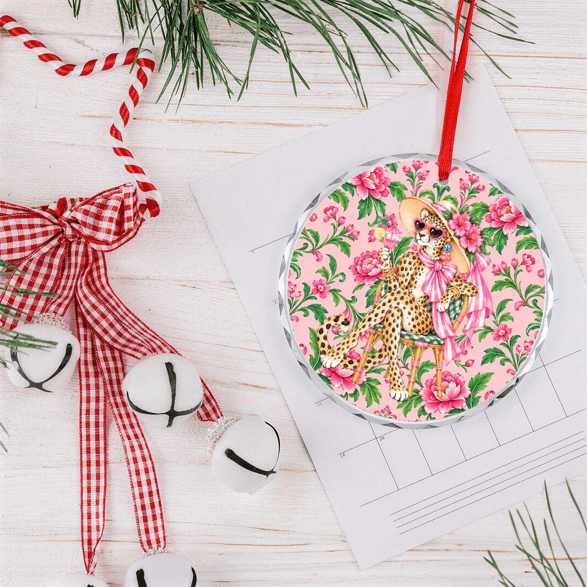Glam Sipping Leopard Luxe Round Glass Christmas Ornament - Splash Of Mahj And Color Co.