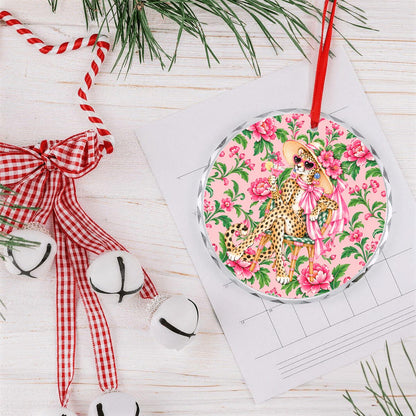 Glam Sipping Leopard Luxe Round Glass Christmas Ornament - Splash Of Mahj And Color Co.